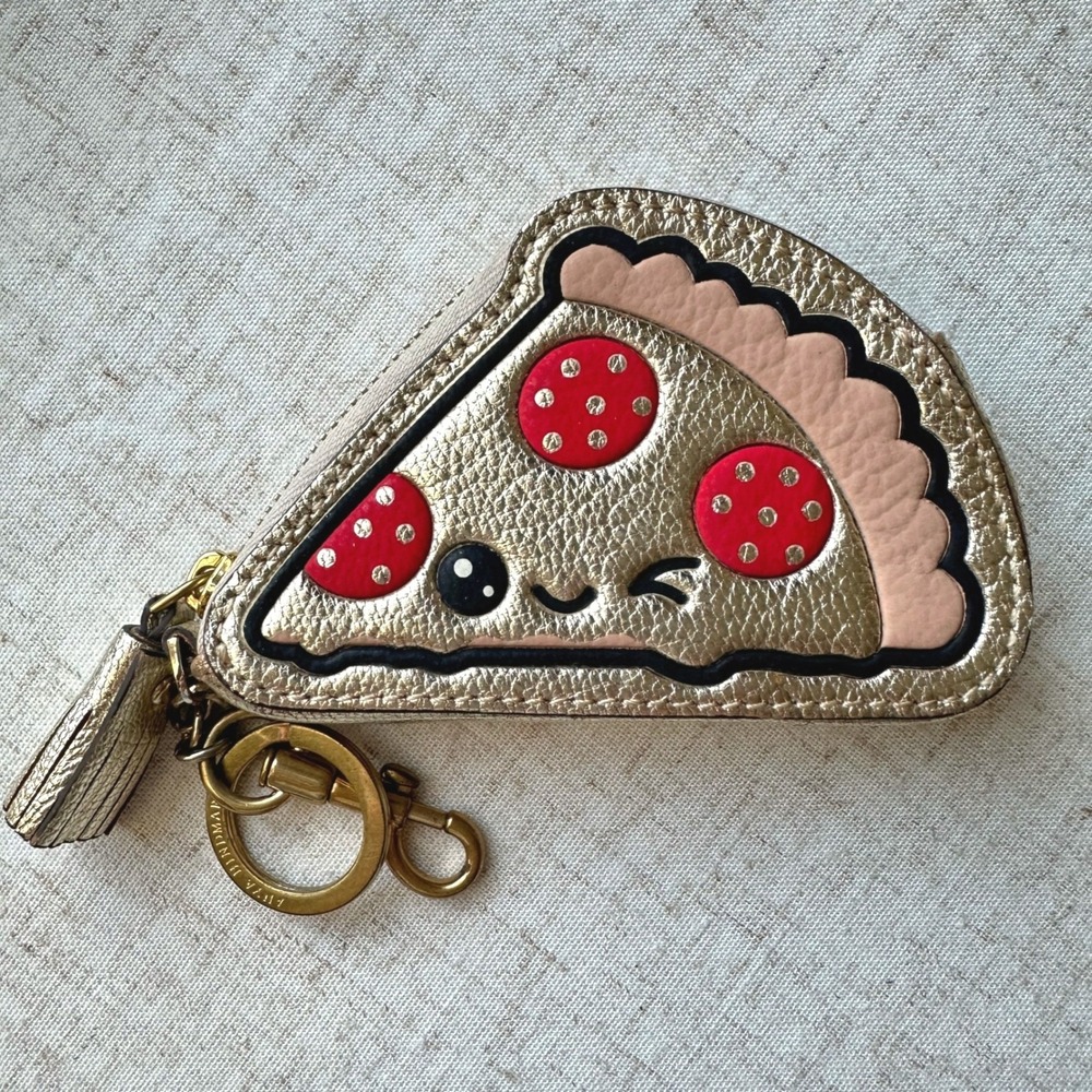 Anya Hindmarch Pizza Slice Wink Gold Leather Coin Purse Keychain Charm - Picture 2 of 8